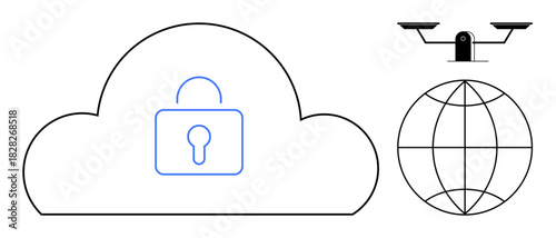Cloud with a padlock symbolizing security, a globe for global connectivity, and cameras for surveillance. Ideal for technology, data protection, safety, privacy, internet, cloud computing simple