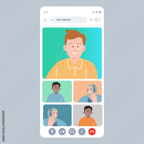 mobile smartphone screen displaying video conference call interface user avatars in grid layout talking online for remote work meeting or virtual webinar session