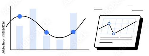Line graph with blue data points alongside a tablet screen displaying a trend chart with gridlines. Ideal for analytics, reporting, business growth, market research, data tracking, performance