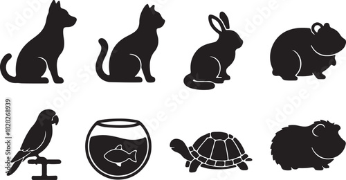 A cute set of black and white cat and kitten silhouettes for vector illustration or design