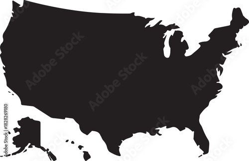 detailed black silhouette map of united states of america with internal state borders on white background