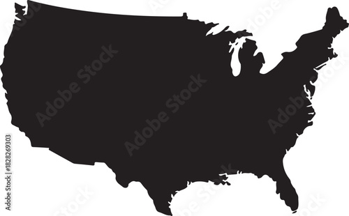 detailed black silhouette map of united states of america with internal state borders on white background