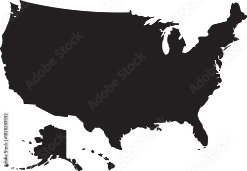 detailed black silhouette map of united states of america with internal state borders on white background