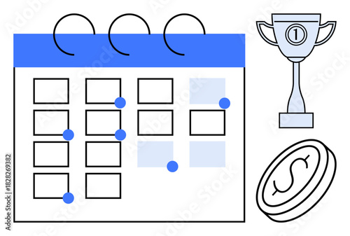 Event planning concept. Visual includes a calendar, trophy, and dollar symbol emphasizing event planning, goal achievement, and time management. Ideal for business, productivity, scheduling