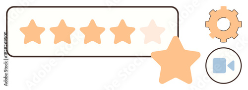 Five-star rating system with one star highlighted, gears representing settings, and a video review icon. Ideal for customer feedback, review optimization, user experience, satisfaction tracking