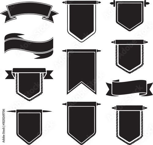 Collection of Rustic Banner and Ribbon Designs in Silhouette Style on White Background