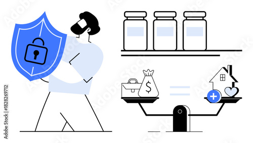 Financial security concept. A shield with a lock s secure investments. Scales compare money with life essentials and medicine, highlighting financial security. For finance, insurance, healthcare
