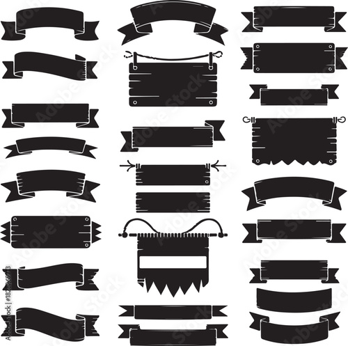 Collection of Rustic Banner and Ribbon Designs in Silhouette Style on White Background