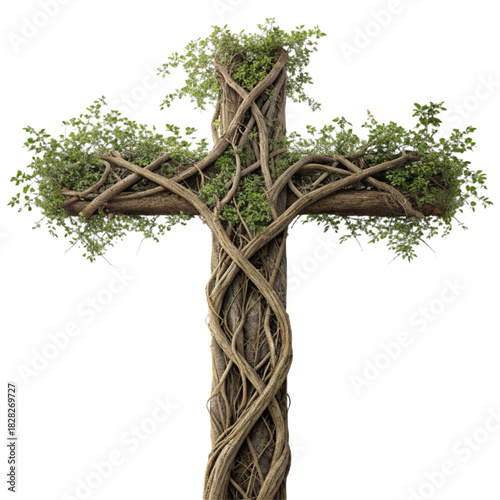 Symbol of hope and faith, a cross entwined with vibrant, thriving vines and leaves, a powerful representation of growth, renewal, and spiritual connection