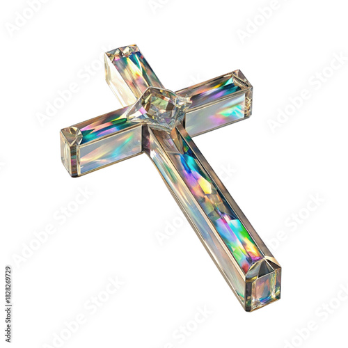 Stunning crystal cross with iridescent sheen symbolizing faith, spirituality, hope, and peace offering comfort and inspiration for religious devotion and art