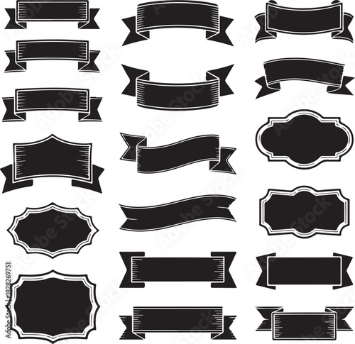 Collection of Rustic Banner and Ribbon Designs in Silhouette Style on White Background