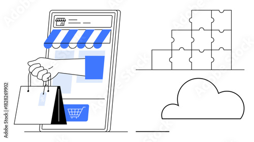 E-commerce concept. E-commerce ed by online shopping platforms, bag icons, and cloud storage. E-commerce combines technology, retail innovation, and modern online buying. Usage for retail, digital