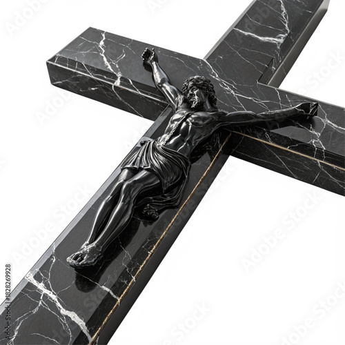 Striking marble crucifix statue with intricate details evokes solemn reverence, perfect for faith-based publications, memorials, and spiritual art projects