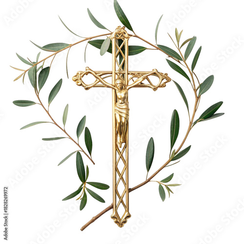 Elegant golden crucifix with olive branches, a symbol of faith and hope, perfect for religious materials and spiritual designs and Easter themes.