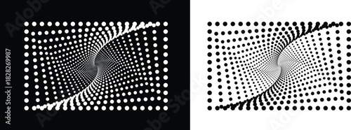 Modern abstract background. Halftone dots in rectangle form. Design element or icon, logo. Black shape on a white background and the same white shape on the black side. Vector isolated .