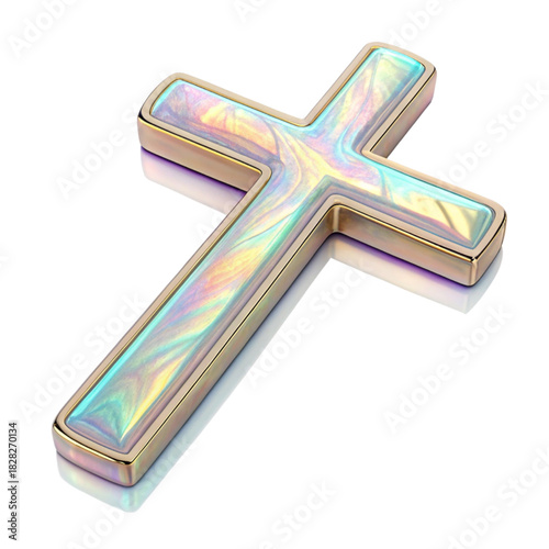 Reflective iridescent cross symbol radiates faith and spirituality, ideal for religious themes, devotion, and symbolic representations of hope and belief