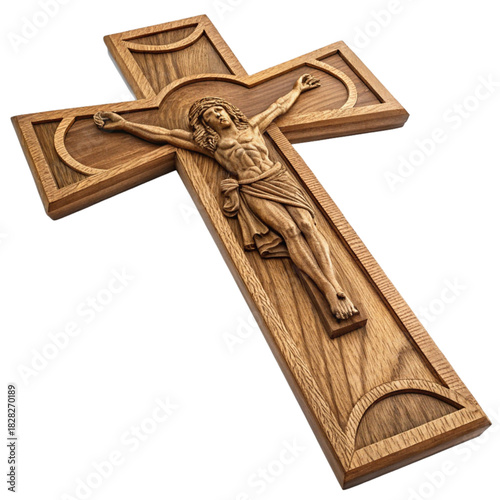 Beautifully carved wooden crucifix featuring Jesus Christ, perfect for religious art, Easter themes, and spiritual designs emphasizing faith and reverence