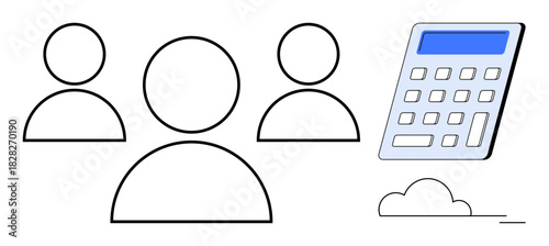 Minimalist depiction of a team and calculator connected via cloud. Ideal for teamwork, cloud computing, collaboration, accounting, finance, technology, and data-driven decision-making. Simple flat