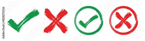 Grunge chalk mark set with circle. Green brush stroke check mark, tick, cross symbols, green tick and red cross. Hand drawn checklist, flag, square signs in sketch and marker style.