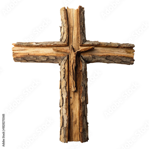 Striking wooden cross with intricate details, perfect for religious themes, faith-based projects, or symbolic art installations with rustic texture