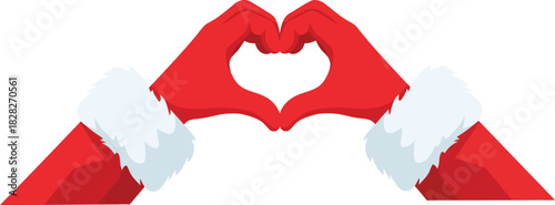 Santa Claus hands in red gloves making a heart shape gesture, a symbol of love and Christmas cheer