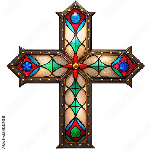 Stunning stained glass cross with vibrant blue, red, and green jewels, perfect for religious art, church designs, and spiritual themes, radiating hope and faith