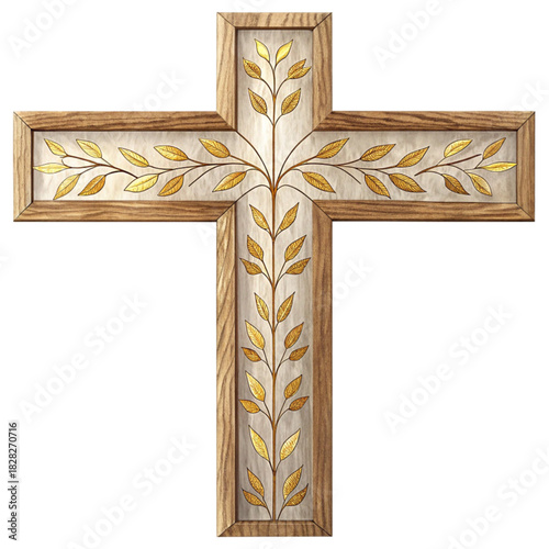 Elegant wooden cross with golden leaves, a symbol of faith, perfect for religious projects, Easter designs, or spiritual artwork that inspires hope and reflection