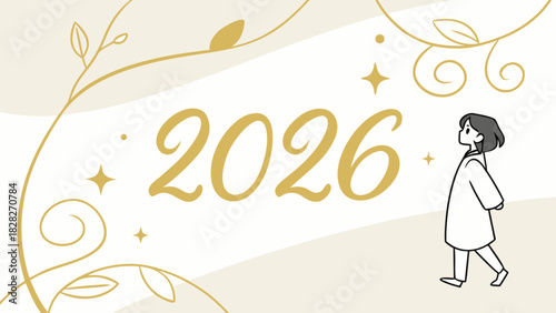 Illustration showcasing the year 2026 with floral accents and a figure looking towards the future