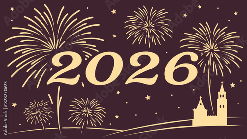 Illustration of fireworks and a church silhouette with the year 2026 in a celebratory style