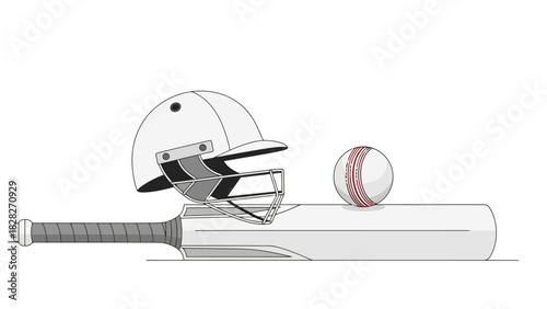 White Cricket Bat Helmet and Ball Set on Plain Background Sports Equipment Illustration
