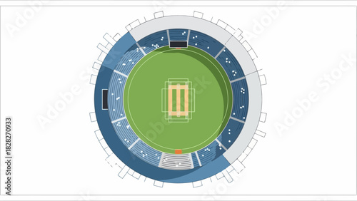 Aerial View of a Modern Sports Stadium with a Cricket Pitch Live Event Venue