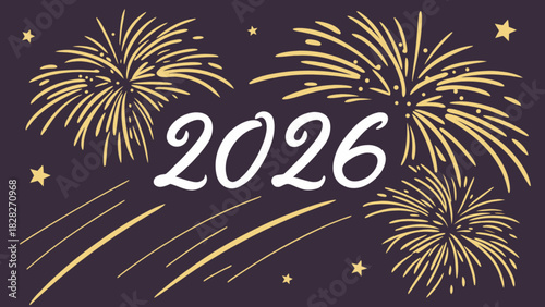 Illustration of fireworks and shooting stars surrounding the year 2026 on a dark purple background