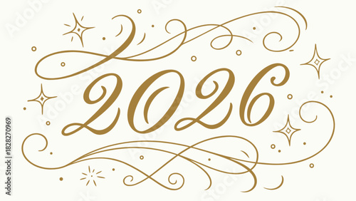 Golden year two thousand twenty six with flourishes and stars on a white background design element