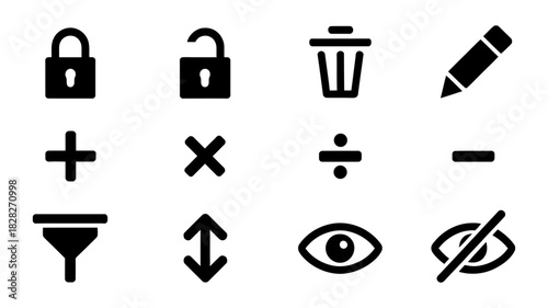 A collection of twelve common user interface icons including lock, unlock, trash, edit, arithmetic operators, filter, sort, visible, and hidden.