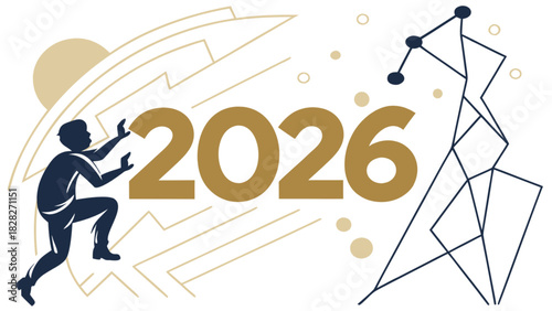 Illustration depicting a person climbing towards the year 2026 with abstract geometric shapes around them