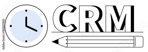 Clock symbolizing time management, CRM text for customer relations, pencil for writing or editing. Ideal for business, organization, productivity, customer service, planning, strategy communication