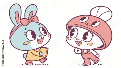 Two cartoon characters bunny and cat wearing cute outfits walking together happily in a bright scene