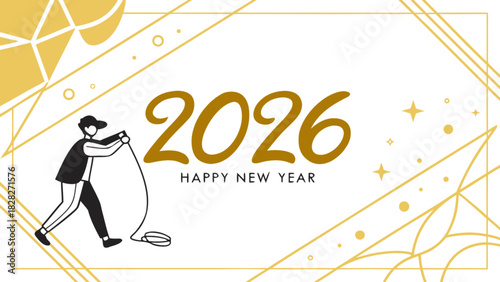 Illustration of a person with a jump rope and the year 2026 with happy new year text design