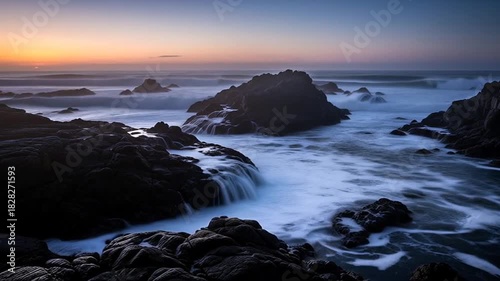Coastal Sunset: Serene Ocean Waves Crashing on Rocky Shores