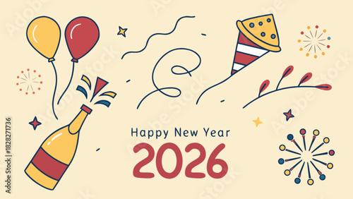 Illustration of happy new year celebration with champagne bottle, balloons, and party favors design