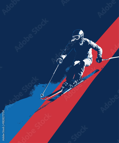 Skier going down hill fast. Background has red and blue colors.