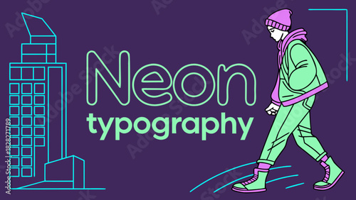 Illustration of a person walking with building and neon typography on a dark purple background design