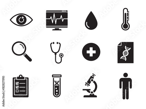 Brutalist Medical Icons. Early Detection silhouette icon set: eye icon, heartbeat monitor, drop of blood, thermometer, stethoscope, magnifying glass, lab result, medical cross,