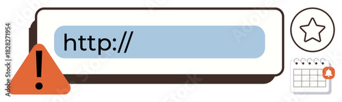 URL bar with alert triangle, calendar with notification bell, and star icon for favorites. Ideal for security, reminders, favorites, notifications, online tools priority and task management. Simple