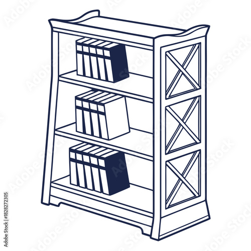 A simple and elegant line art illustration of a three shelf wooden bookcase filled with stacks of books perfect for educational or decorative purposes