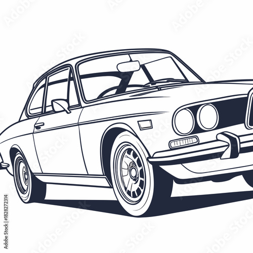 Classic vintage coupe car line art illustration side view detailed exterior design with chrome accents and iconic silhouette on white background