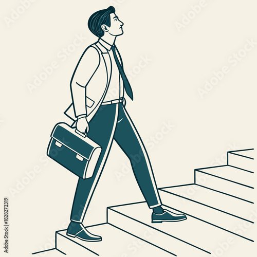 A determined businessman in a suit and tie climbs upward on stairs carrying a briefcase symbolizing career advancement and success