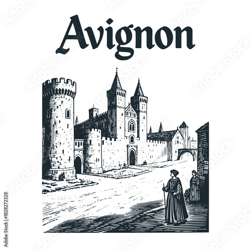 Avignon old city travel engraved black white illustration