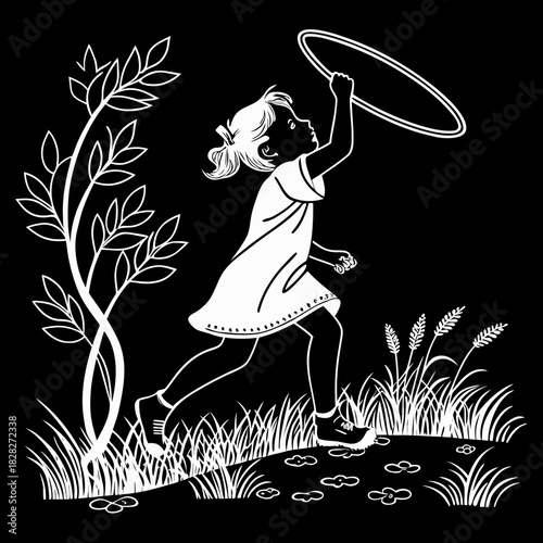 A young girl in a simple dress and sneakers runs through a grassy field holding a hula hoop above her head with a stylized plant and wheat stalks