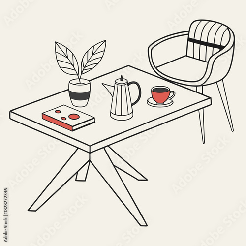 A minimalist line art illustration of a modern living room scene featuring a coffee table with a potted plant book coffee pot and a cup of coffee next to a stylish armchair